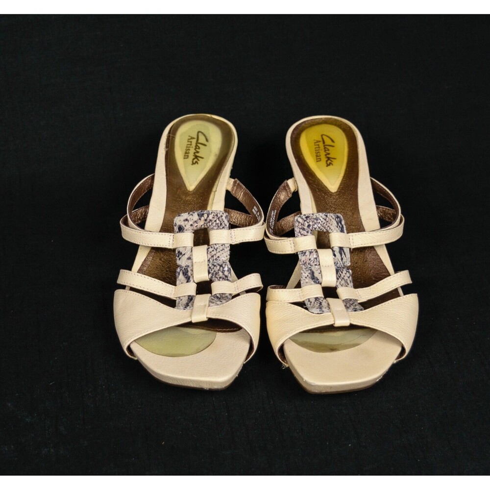 Clarks Artisan Pearl Beige Leather Slip On High Wedge Sandals Shoes Sz 9M